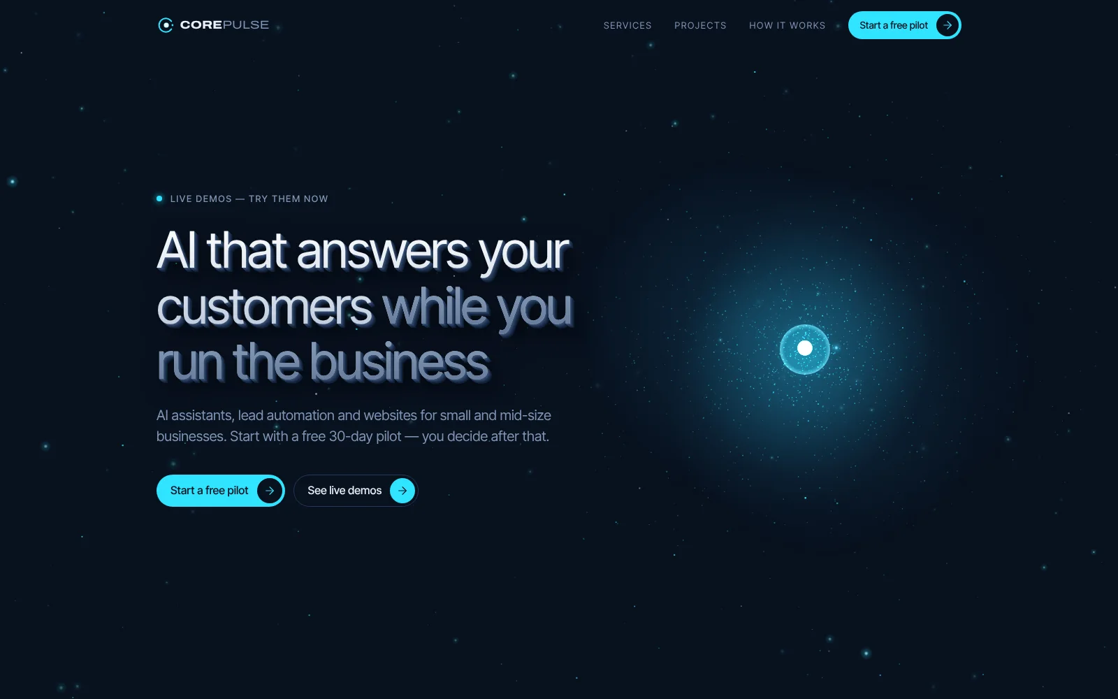 CorePulse homepage hero with the glowing particle core